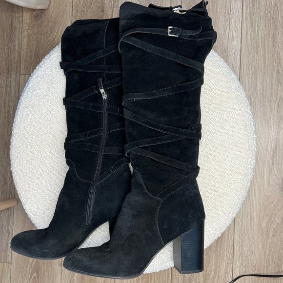 SAM EDELMAN/KAYLA BALCK SUEDE WRAP BUCKLE KNEE HIGH HEELED BOOTS/ SIZE: 10 - Picture 3 of 3